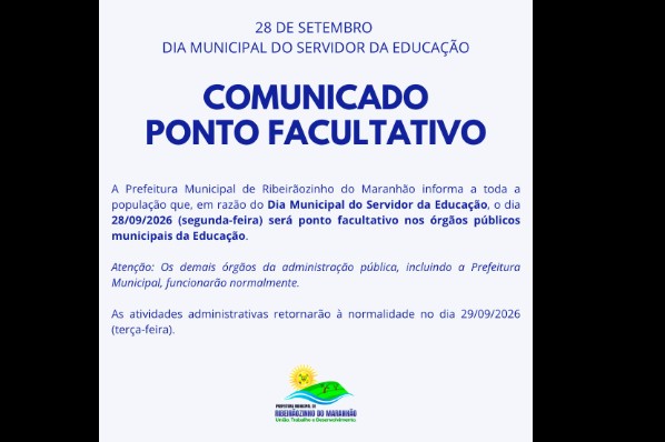 Ponto facultativo na Educação municipal nesta segunda-feira (28)