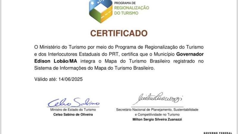Município de Governador Edison Lobão integra o Mapa de Turismo Brasileiro